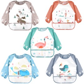 Accmor 5 Pack Long Sleeve Baby Bibs, Waterproof Sleeved Bibs Smock for Toddler Baby Girls Boys Eating Feeding