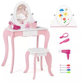 Topbuy Pretend Kids Vanity Set Makeup Dressing Table 2-in-1 Mirror & Whiteboard
