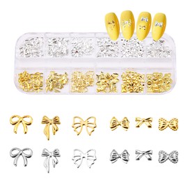 3D-Nagelanhänger mit Schleife, 6 Designs Nageldekorationen mit Schleife Nagelanhänger mit Silbernen und Goldenen Schleifen für Mädchen Frauen Nageldesign (1 Schachtel, Zufällige Menge)