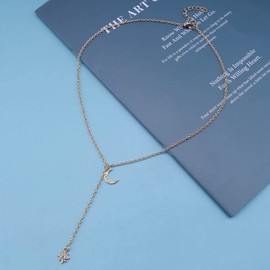 Cimenexe Bohemian Crystal Moon Pendant Necklace Cz Northstar Y Lariat Necklace Chain Gold Rhinestone Star Necklace Crystal Y Drop Chain necklace Jewelry for Women and Girls