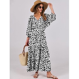 ANRABESS Womens Boho Maxi Dresses 2025 Summer V Neck Puff Sleeve Floral Flowy Swing Casual Long Dress Leopard Print Large