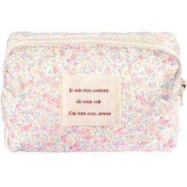 Sminra Floral Makeup Bag Cotton Quilted Small Cosmetic Bag Organizer, Cute Aesthetic Coquette Portable Zipper Pouch Toiletry Purse for Women Girls Travel accessories (Light Pink Purple Floral-S)
