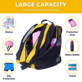 Nattork Roller Skate Bag Oxford Cloth Ice Skate bags Large Capacity for Quad Skates Breathable Mesh Inline Skates Bag with Side Pockets & Name Card Holder for Adults Kids Yellow & Black