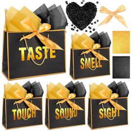 Conlunch 5 Senses Gift Bags for Him Sight Smell Touch Taste Sound Gift Bags with Ribbon Handle Tissue Paper Five Senses Gift Bag for Birthday Wedding Valentine's Day Christmas (Black with Petals)