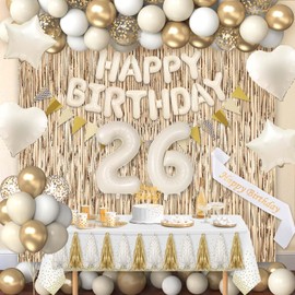 Miidenks 26th Birthday Decorations for Women, White and Gold 26 Boho BD Party Supplies Includes Biege, Banner, Fringe Curtain, Sash