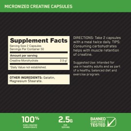 Optimum Nutrition Micronized Creatine Monohydrate Capsules, Keto Friendly, 2500mg, 100 Capsules