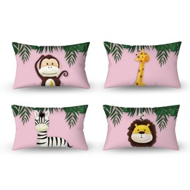 Aoihrraan 12 x 20 Inch Cute Cartoon Animal Cushion Covers Forest Monkey Giraffe Floral Plant Soft Short Plush Square Light Pink Throw Pillow Covers Kids Sofa Baby Children Bedroom, 30x50cm Set of 4