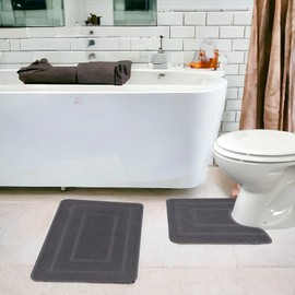 EDS 2 Piece Ichra Bath Mat Set Non Slip Ultra Soft Bathroom Mats Extra Absorbent 100% Polypropylene Toilet Mat Set Washable Toilet Rug Bathroom Accessory (CHARCOAL)