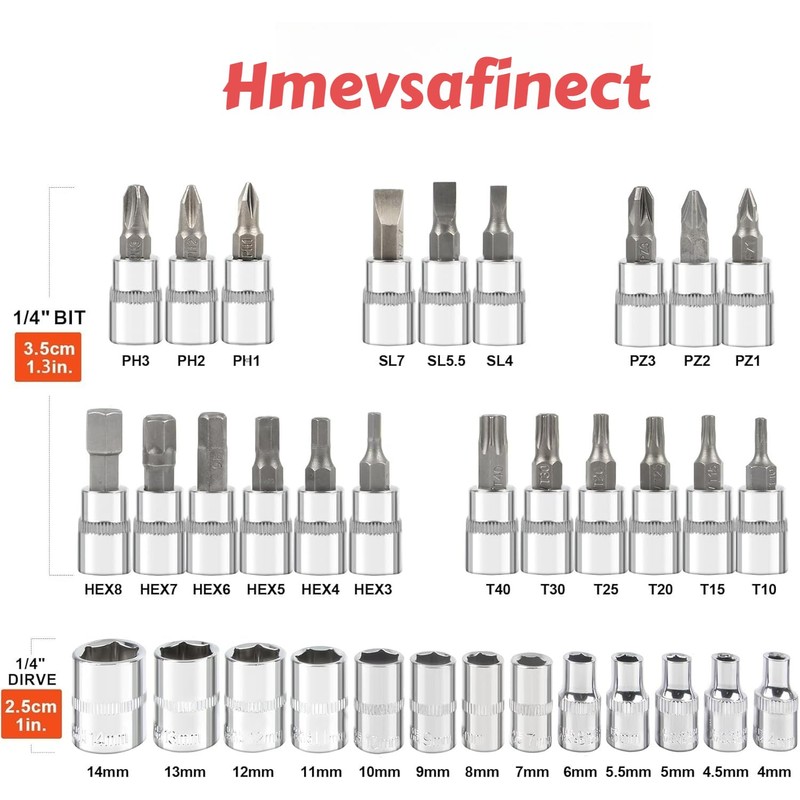 hmevsafinect 1/4 Inch Drive Socket Ratchet Wrench Set, 45 Pieces