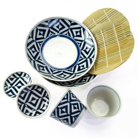 Minisara Soba Dinnerware Set, Zaru Soba Set, Edo Pattern, For 2 People, Buckwheat Plate, Soba Boar, Condiment Dish, Bamboo Soko
