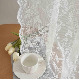 FINECITY Extra Long Sheer Lace Curtains 120 Inches Long, Vintage Rustic Leaf Floral Knitted Lace Curtains for Living Room, Rod Pocket Privacy Lace Window Curtain Panels, 52 x 120 Inch, 2 Panels, Ivory