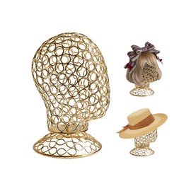 CHADWICK Wig Head Stand Metal Hollow Mannequin Head Hat Display Stand Wig Holder, Wig Display Model Head Wig Stand for Wigs, Hats, Caps, Headdress, Headphones, Dome + Detachable Stand, Chrome Gold