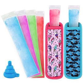 Freezer Pop Bags Set Including 50 Disposable Ice Popsicles Molds 2 Popsicle Holders for Kids, Popsicle Bags With Zip Seals for Healthy Snacks, Yogurt Tubes, Juice Fruit Smoothies Popsicle Mold