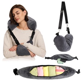 Travel Neck Pillow with Stuffable Design and Adjustable Arm Sling, Better Support for Neck, Head, Arm and Chin, Comfortable and Convenient Airplane Pillow for Sleeping, Packable Neck Pillow Cover