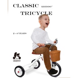 KRIDDO Classic All Metal Toddler Trike, Gift for Boys and Girls Ages 2 to 4 Year Old, Tricycle for 1 to 3 Year Olds, Sturdy Rear Deck, Deluxe Steer and Ergonomics Grip, Indoor and Outdoor, White