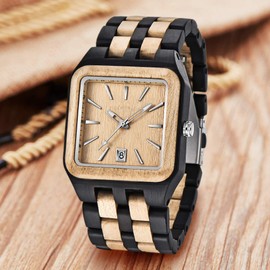 Dentily Wood Watch Rectangle Dial Wooden Watches for Men Quartz Movement Mens Watches