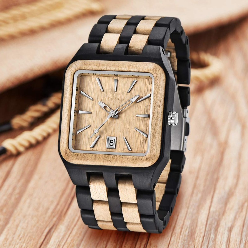 Dentily Wood Watch Rectangle Dial Wooden Watches for Men Quartz