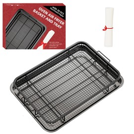 Oven Air Fryer Basket and Tray, Large 15.7" × 11.6" Air Fryer Pans for Oven with 30 Sheet Parchment Papers, THORSES Crisper Tray Durable Non-stick Stainless Steel Air Fryer Basket for Oven - Black