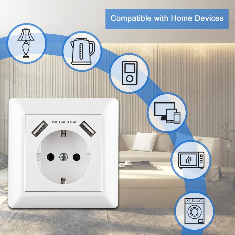 Kaifire USB Socket, Flush-Mounted Socket with USB Charger Connection (Max.