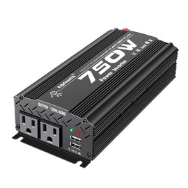Tebrol 750W Black Car Power Inverter, 12V to 110V/120V, 2 AC Outlets, 2 USB Ports, Battery Clamps, Ideal for Vehicles, Trucks, Camping