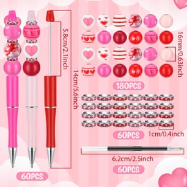 Geyoga 60 Pcs Valentine's Day Beadable Ballpoint Pen Heart Plastic Gel Ink Pen with 180 Assorted Love Beads 60 Rhinestone Beads for Valentines DIY Crafts Office School Students Gifts Party Supplies