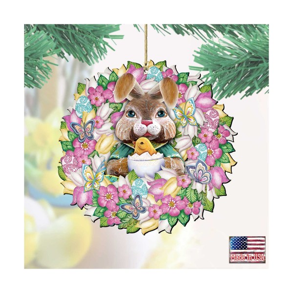 Designocracy Bunny Wreath Wooden Ornaments Easter Set of 2 by