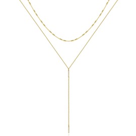 KissYan Gold Lariat Necklace for Women, Dainty 14K Gold Plated Y Shaped CZ Drop Beaded Necklaces Simple Layered Long Chain Trendy Jewelry Gifts, Brass, Cubic Zirconia