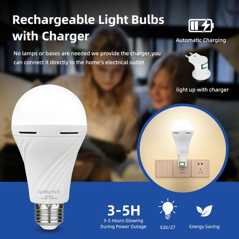 GOIRLYCE Emergency Rechargeable Light Bulbs, White Battery Operated Light Bulb