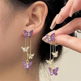 coadipress Butterfly Earrings for Women Delicate Sweet Bohemian 14K Gold Long Crystal Rhinestones Butterfly Lightweight Fringe Tassels Dangle Drop Earrings Daily Traveling Prom Floral Jewelry Gifts (Purple)