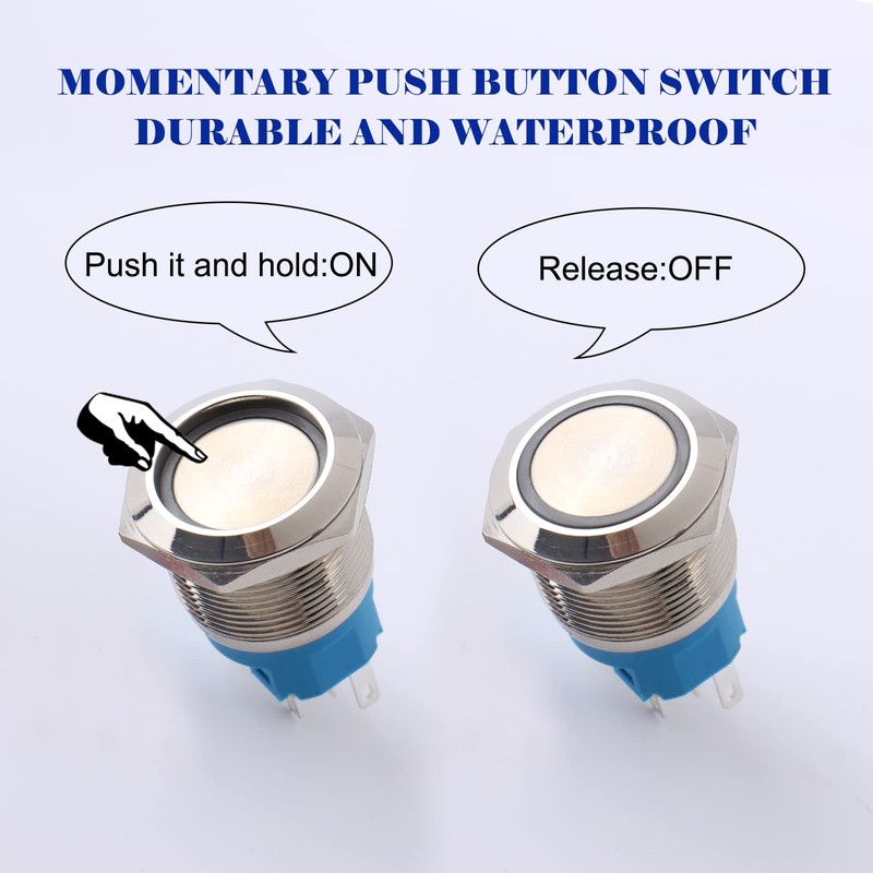 JIQI 2Packs 22mm 0.87'' Momentary Push Button Switch 12V-24V LED