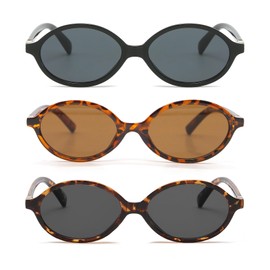 LJCZKA Retro Oval Sunglasses Unisex Classic Fashion 90s Round Oval Small Sunglasses with UV400 Protection, Black grey + leopard brown + leopard grey