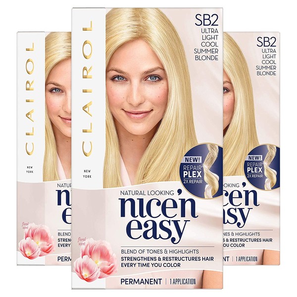 Clairol Nice'n Easy Permanent Hair Color, SB2 Ultra Light Cool Summer Blonde, Pack of 3