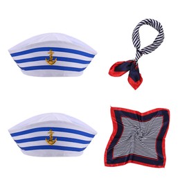 SSKHE 4pcs Captain Sailor Costume Set,Stripes Sailor Hat and Scarf Set,Yacht Captain Cap,navy dress accessories,Navy Outfit Dressing,sailor and captain costume accessories for Women Men Costume
