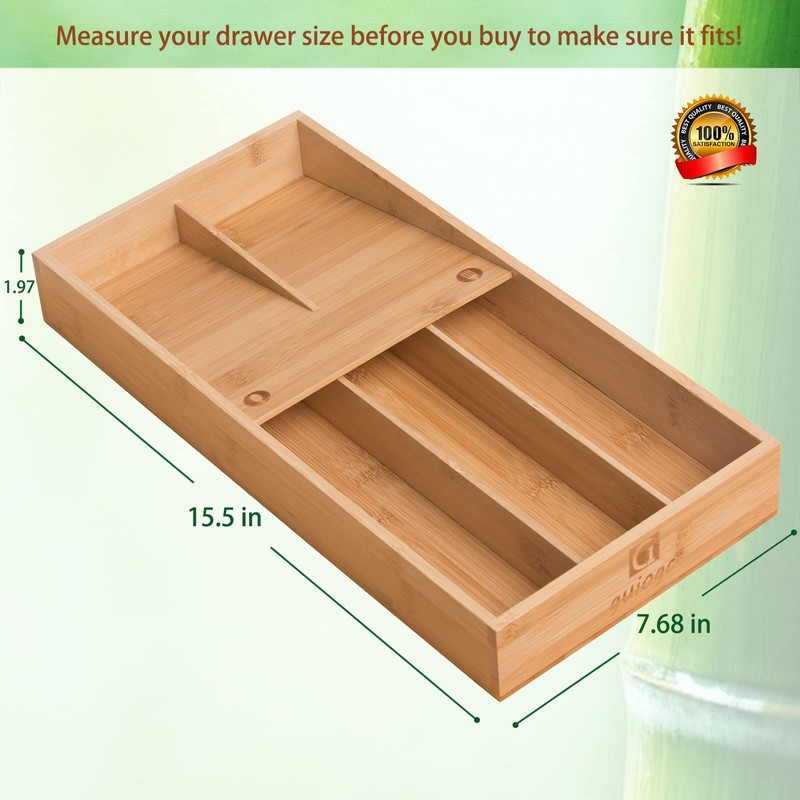 guiogc Bamboo Silverware Organizer, Kitchen Silverware Drawer Organizer, Utensil Tray