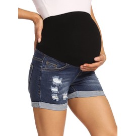 Gowjog Jeans Shorts Umstandsmode Umstandsshorts Jeans Umstandsmode Jeans Kurz Umstandshose Kurz Sommer Umstandsjeans Kurz für Sommer Umstandsshorts mit Bauchband (Dunkelblau,M)