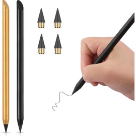 MMSZHL Lápiz de Metal Infinito, 2 Pcs Lápiz Infinito, Bolígrafo sin Tinta de Escritura de Larga Duración con 4 Cabezales Reemplazables, Nunca Afila Lápiz Eterno Sin Tinta (Negro, Oro)