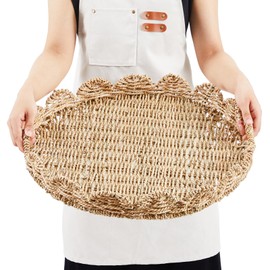 Tiangrid Large Round Wicker Scalloped Serving Tray 20 Inch Hand Woven Scalloped Design Edge Round Rattan Tray with Handles for Coffee Table Living Room Decor and Organizer(Seagrass)