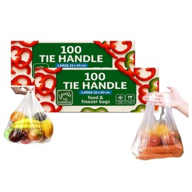 200 Food Freezer Bags with Tie Handles, Clear Food Storage Bag, Strong Freezer Bags For Storing & Freezing Meat, Vegetables, Grains Nuts, Sandwich Food Bag, (40 x 26 cm including ties)