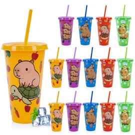 YLFYCOM 15 Pcs Capybara Party Favor Cute Capybara Party Cups with Lid Straw 24 oz Plastic Drink Cups Reusable Bulk Tumblers for Kawaii Animals Theme Birthday Supplies Gifts