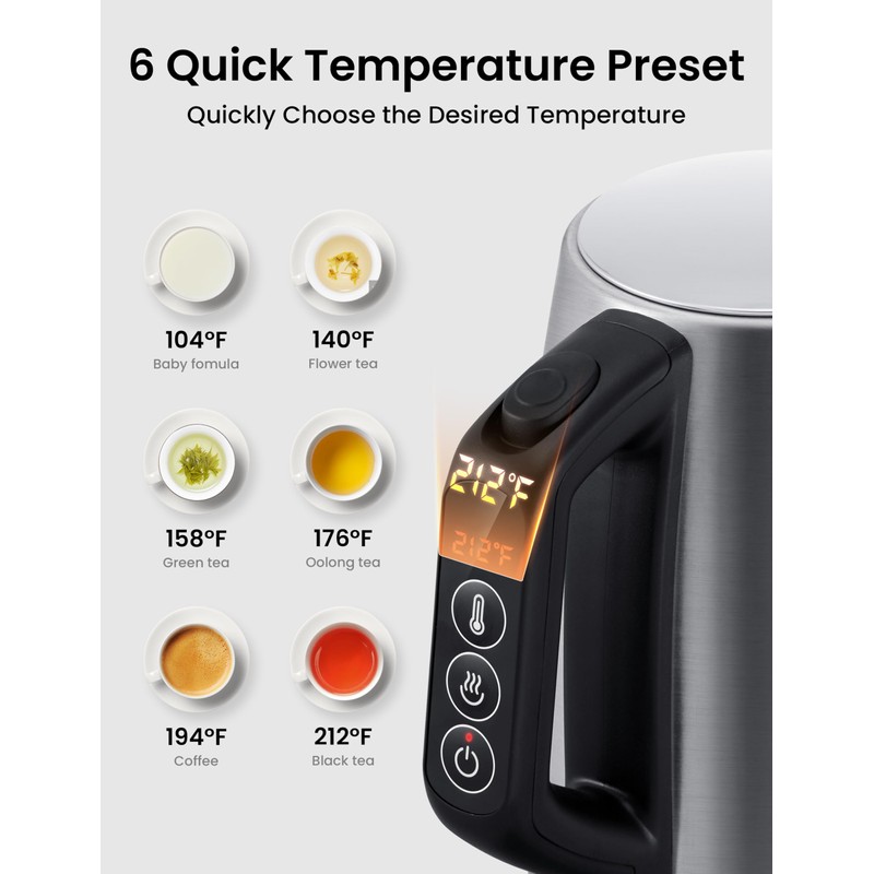 COMFEE' Stainless Steel Electric Kettle, Temperature Control with 6 Presets,