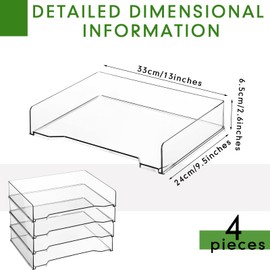 DoubleFill 4 Pcs Stackable Letter Tray Rectangular Plastic Desk Organizer 13 x 9.5 x 2.6 in Paper Holder File Tray Accessories Rack for Desktop Office Desk Drawers (Clear)
