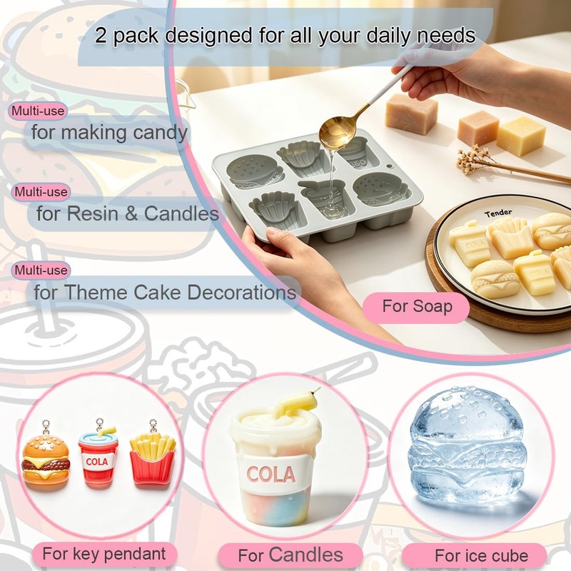 2 Pack Silicone Mold Fast Food Set (Burger, Fries, Cola)