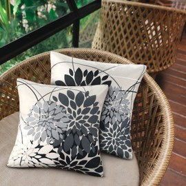 Set of 2 Cushion Covers 50 x 50 cm Black Grey Cushion Covers Cushion Cover Geometry Dahlia Flower Decorative Cushion Cover Linen Garden Cushion Covers for Living Room Sofa Car Farmhouse Decoration