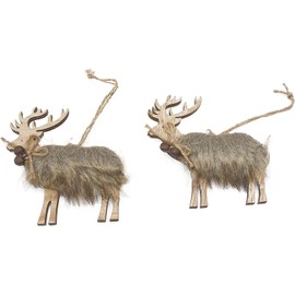 Handmade Faux Fur Wooden Reindeers With Jingle Bells Christmas Hanging Decoration Wooden Deer Pendants Christmas Tree Hanging Ornaments for DIY Crafts Christmas Tree Deco 2Pack (Brown)
