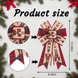 Blinket 2pcs Christmas Nutcracker Bows for Wreath, 8.46 inch × 12.99 inch Red Buffalo Plaid Bow with Nutcracker Design, Wired Craft Bow for Holiday Tree Topper, Front Door, Indoor Decor