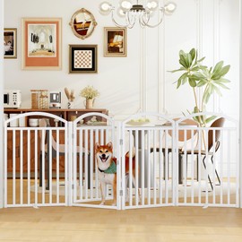 THKKY Folding No-Assembly Freestanding Dog Gate with Door,32" Heights Foldable Pet Fence,96" Extra Wide Accordion Puppy Folding Playpen for Doorways,House,Stairs (4 Panels,White)