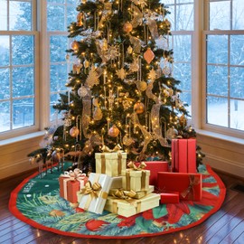 Hianjoo Christmas Tree Skirt, Xmas Tree Base Cover Mat with Snowflakes and Leaves for Holiday Ornament for Xmas Party Christmas Decorations (Red Flower, 36 inch/90cm)