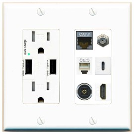 CAT7 Coax HDMI Phone TOSLINK USBC Wall Plate-USB Charger White