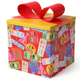 BIOBROWN Medium Birthday Gift Boxes with Lids for Presents, 9x9x9 Inches Colorful Party Pop Birthday Design Collapsible Gift Box for Baby Shower, Party