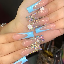 24 Pcs Blue French Press on Nails Long Square Water Pipe Fake Nails Silver Glitter False Nails with 3D Flower Rhinestones Design Nude Nail Tips Full Cover Gel Glue on Nails for Coquette Women